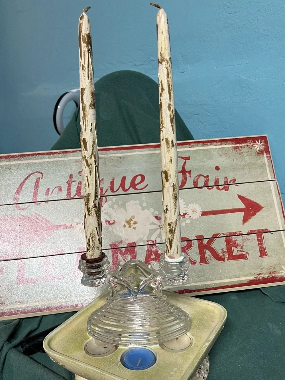 Mid-Century Double Candle Holder w/ Birch Bark Style Candles